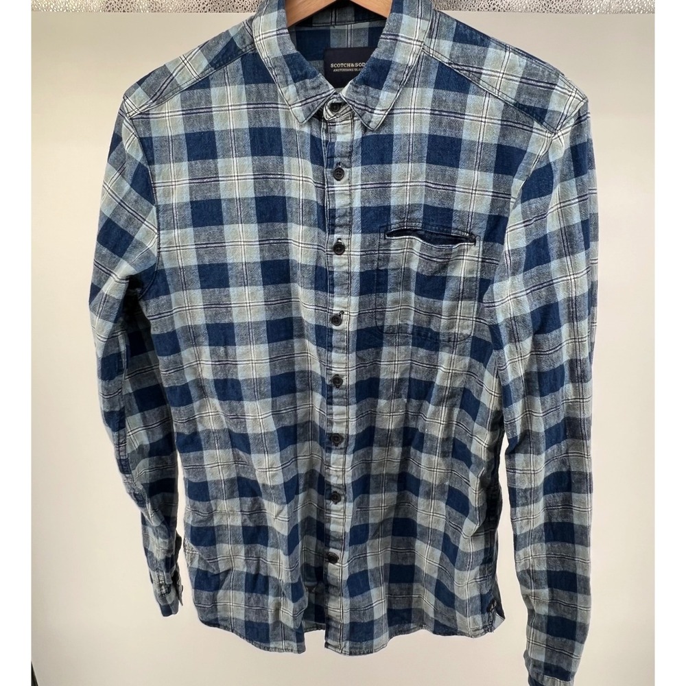 Scotch Soda Mens Plaid Long Sleeve Button Up Linen Blend Shirt Size M Blue 0618